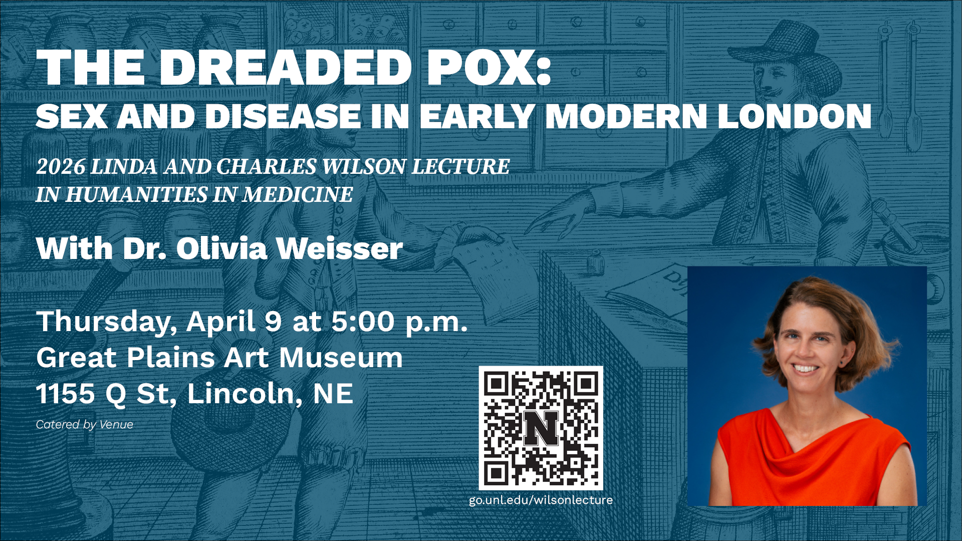 Text overlay about a lecture titled "The Dreaded Pox," with Dr. Olivia Weisser's portrait on the right.