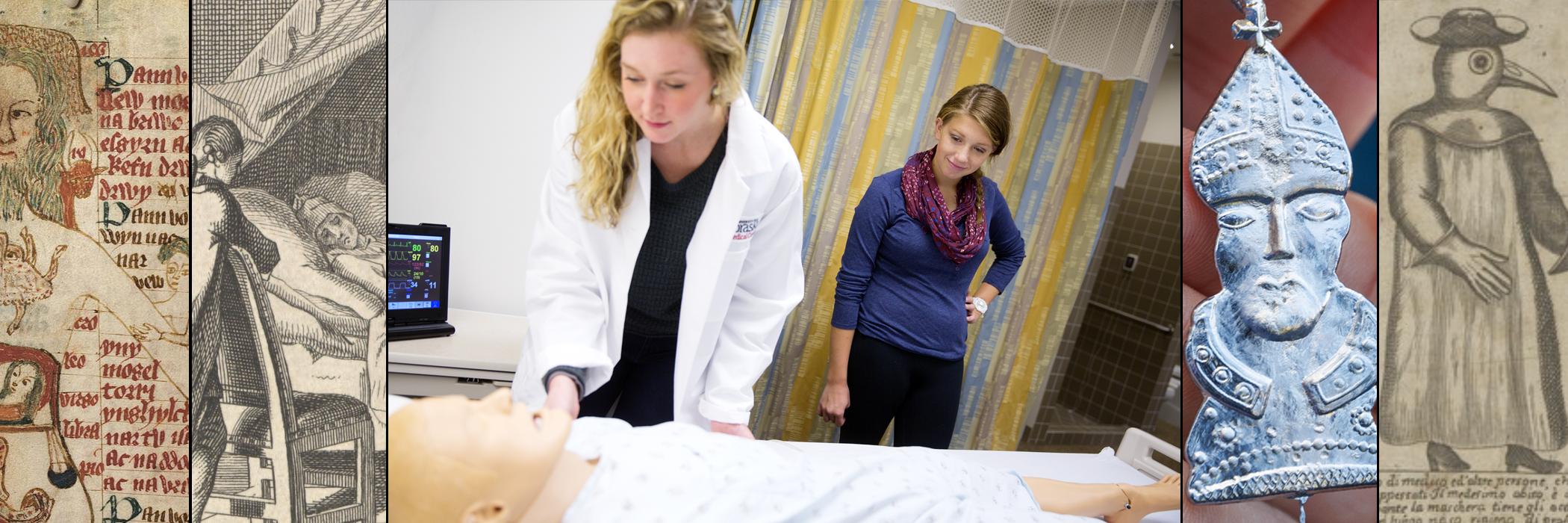 Collage of historical images and people in hospital room